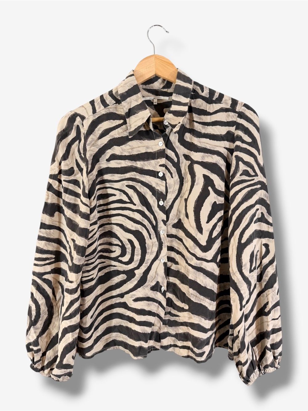 Gerard Darel Silk Zebra Print Blouse Size 40 Tan Black Animal Print